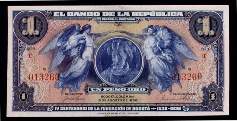 Billete de 1 peso, emitido para conmemorar los cuatrocientos años de la fundación de Bogotá, 1938.