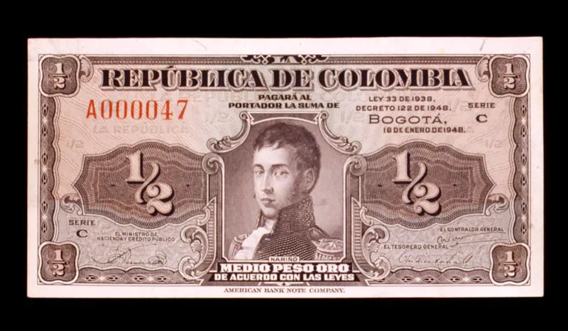 Billete de medio peso emitido en 1948 por la Repblica de Colombia y no por el Banco de la Repblica. Estos billetes fueron utilizados para recoger los emitidos originalmente en 1915, que a su vez haban retirado de la circulacin los billetes emitidos durante la guerra de los mil das. Los numismticos conocen estos billetes como Lleritas. 