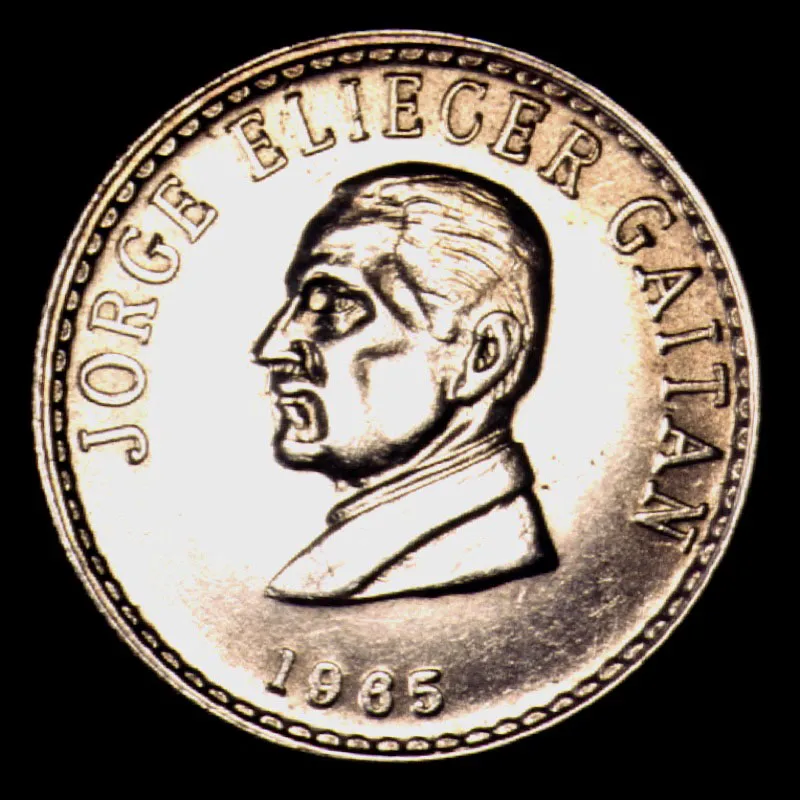 Jorge Eliécer Gaitán (1898-1948). Moneda conmemorativa. Abogado y político liberal, el caudillo de mayor raigambre popular en la primera mitad del siglo XX. Su asesinato partió en dos nuestra historia contemporánea.