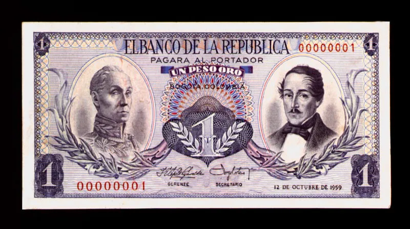 Billetes de 1 peso (1959) de la primera emisin fabricada por la imprenta de billetes del Banco de la Repblica. 