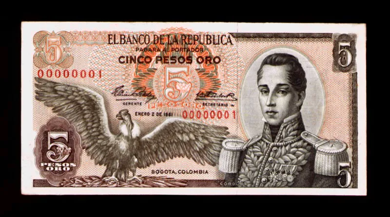 Billetes de 5 pesos (1961) de la primera emisin fabricada por la imprenta de billetes del Banco de la Repblica. 