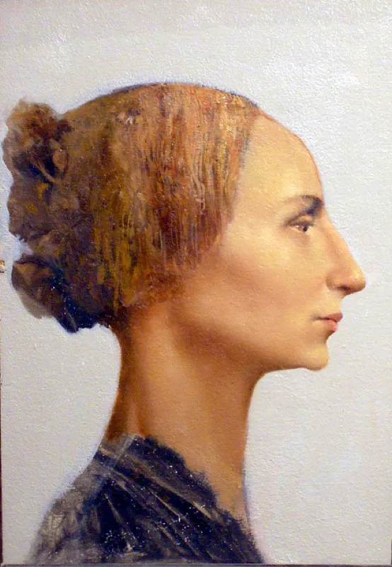 Mujer pelirroja de perfil. 1989. leo sobre tablex. 26,5 x 19,5 cm 