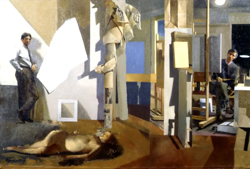 Interior con dos hombres y una mujer. 1997. Óleo sobre lienzo. 71 x 48 cm