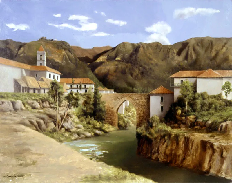 Santaf sobre el ro San Francisco en 1830, reconstruccin. 1999. leo sobre lienzo. 55,7 x 71 cm 