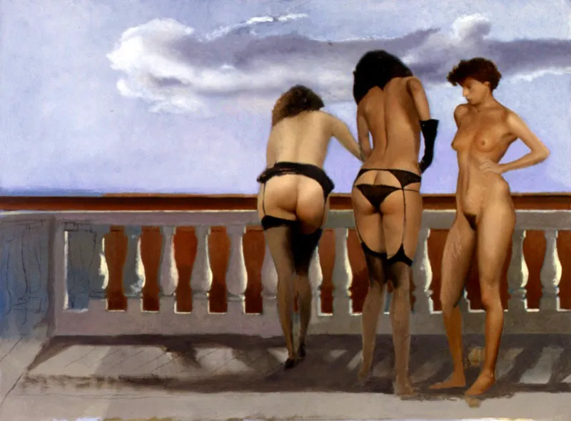 Tres mujeres en la terraza. 1989. leo sobre papel y madera. 46 x 61,5  cm 