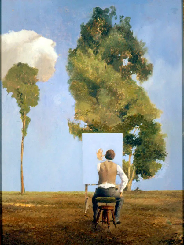 Pintor y nube. 1986. leo sobre papel y madera. 69 x 54 cm 