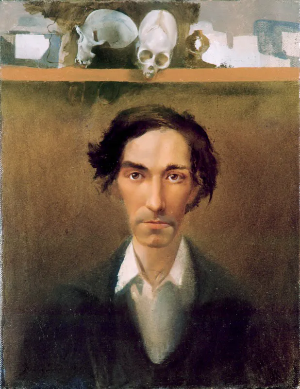 Autorretrato con crneos. 1982. leo sobre lienzo. 35 x 27 cm 