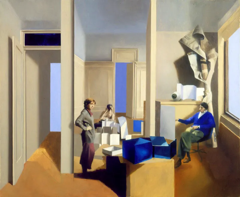 Interior con tres ventanas azules. 1985. leo sobre lienzo. 56 x 71 cm 