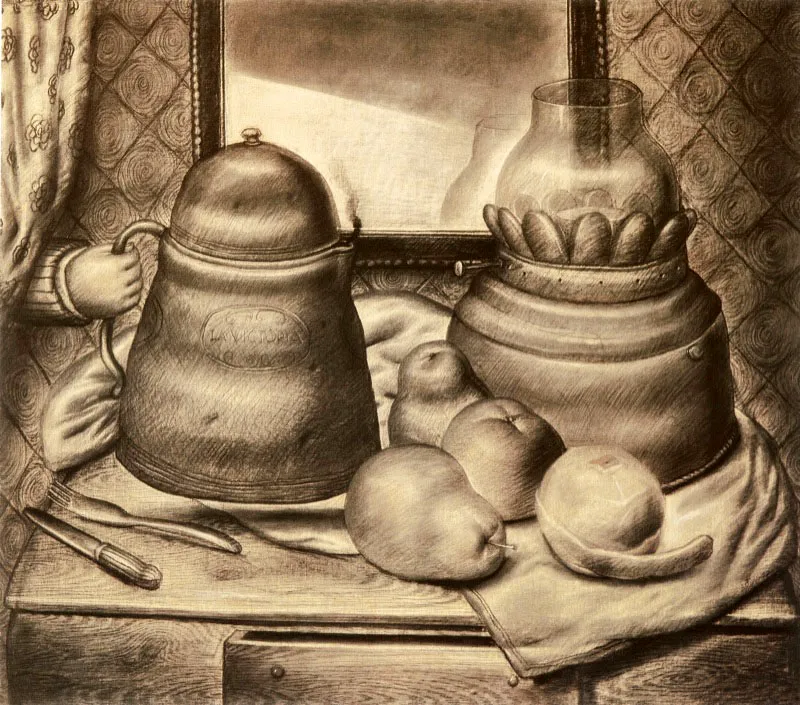 Fernando Botero, Naturaleza muerta con cafetera humeante, 1972. Carboncillo, 167 x 195 cm Andrés Mauricio López