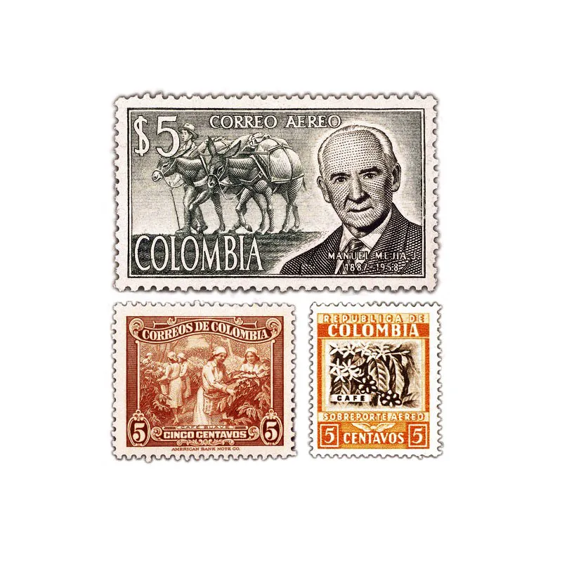 Estampilla de 5 pesos, con tema alusivo a la exportacin de caf, con la imagen de Manuel Meja Jaramillo (1887-1958), gerente por muchos aos de la Federacin de cafeteros e influyente en el diseo de la poltica macroeconmica.

Estampillas de 5 centavos emitidas en 1932. Andrs Mauricio Lpez