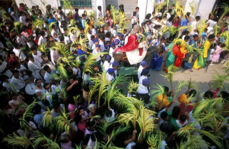 Domingo de Ramos, Semana Santa, Mompox, Bolvar. 
Esta celebracin comienza con una procesin de nazarenos, que representa la entrada de Jess a Jerusaln, junto a sus doce apstoles. Pasa por la calle del Medio hasta la iglesia de la Concepcin, en un recorrido que los feligreses acompaan y aclaman portando ramos de palma de vino. 