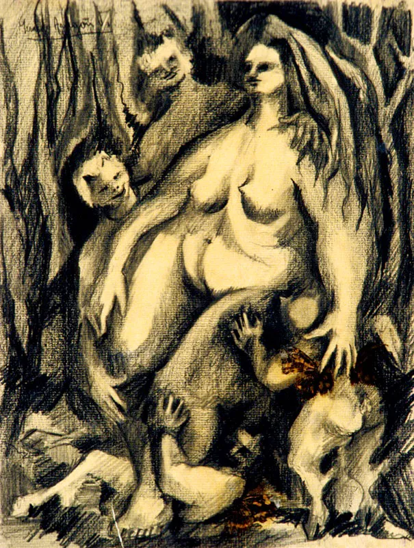 De la serie “Mitología” Mujer con cuatro faunos / 1970 / Lápiz, collage / 32,5 x 25 cm