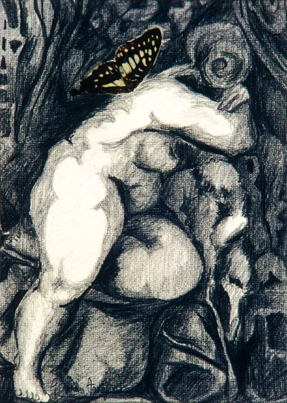De la serie “Mitología” Mujer mariposa recostada / 1970 / Lápiz, collage / 32,5 x 25 cm