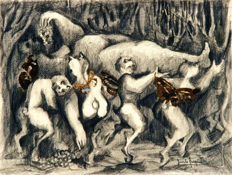 De la serie “Mitología” Faunos cargando mujer / 1970 / Lápiz, collage / 25 x 32,5 cm