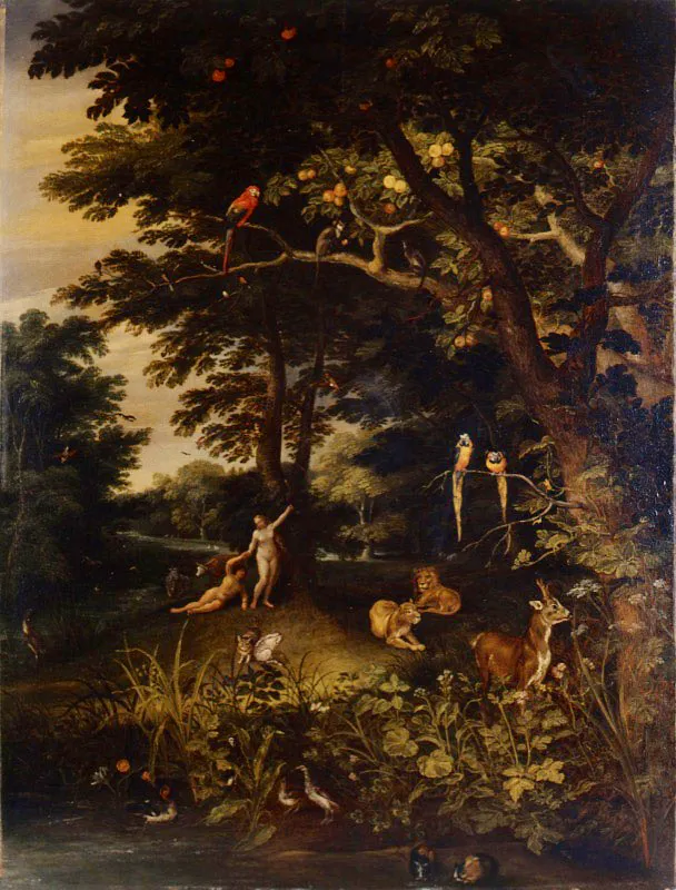 Jan Brueghel, el Joven / Amberes (Flandes), 1601 - 1678 / Adn y Eva en el jardn del Edn / Siglo xvii / leo sobre madera  / 63,8 x 49 cm / Registro 3431 / Ingreso a la coleccin: marzo de 2001 