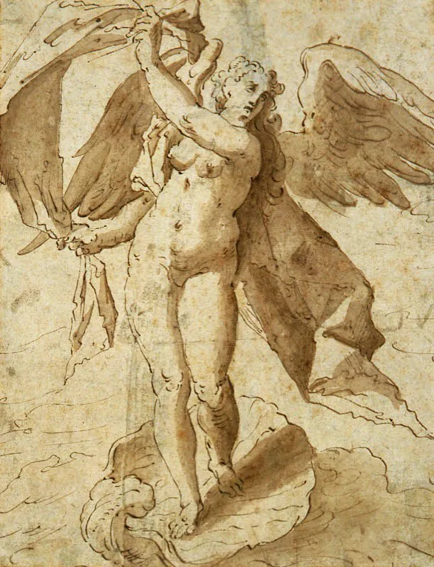 Annimo / (Escuela alemana) / El nacimiento de Venus / Ca. 1600 / Tinta y aguada sobre papel / 19,4 x 14,7 cm / Registro 3191 / Ingreso a la coleccin: octubre de 2000 