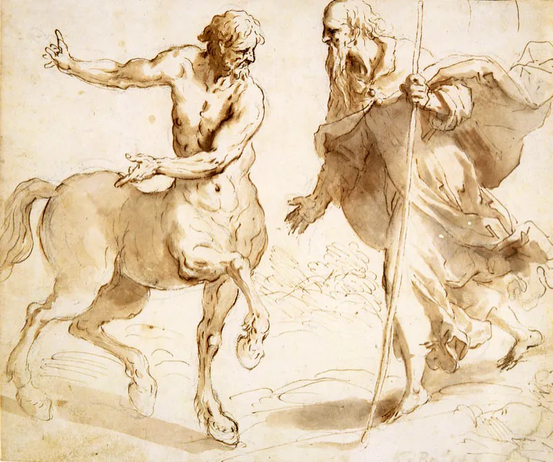 Jacopo Negretti (llamado Palma el Joven) / Venecia (Italia), Ca. 1548 - 1628 / San Antonio pregunta al Centauro el camino / Siglo xvi-xvii / Tinta y aguada sobre papel / 22 x 26,4 cm / Registro 3192 / Ingreso a la colección: octubre de 2000