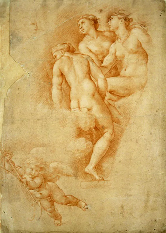 Anónimo / (Escuela italiana) / El amor muestra a Psique las Tres Gracias, según Rafael / Siglo xvii / Sanguina sobre papel / 26,5 x 25 cm / Registro 3194 / Ingreso a la colección: octubre de 2000