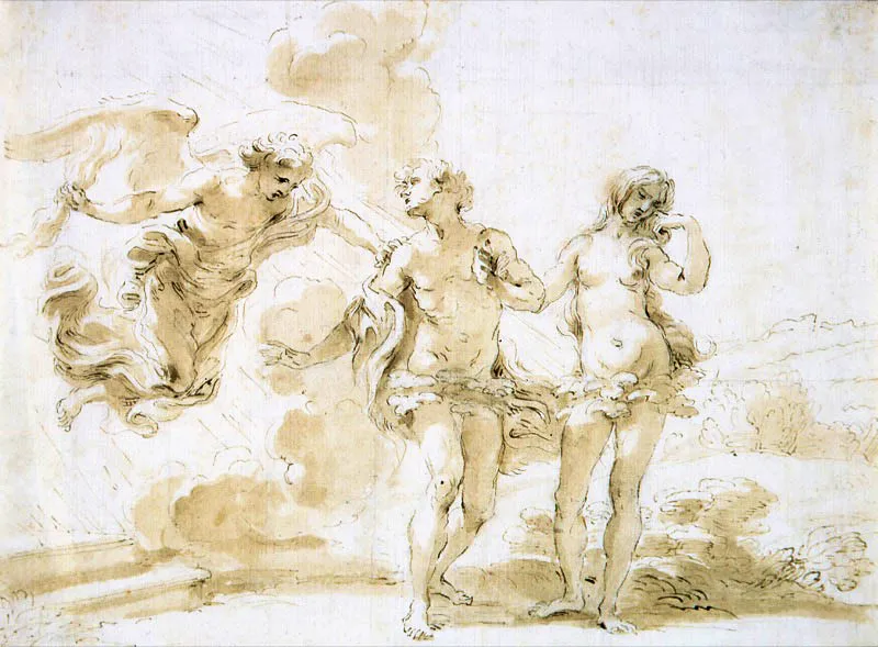 Giovanni Battista Gaulli (Il Baciccio) / Génova (Italia), 1639 - Roma (Italia), 1709 / Adán y Eva expulsados del paraíso / Siglo xvii / Tinta y aguada sobre papel / 21 x 29,5 cm / Registro 3195 / Ingreso a la colección: octubre de 2000