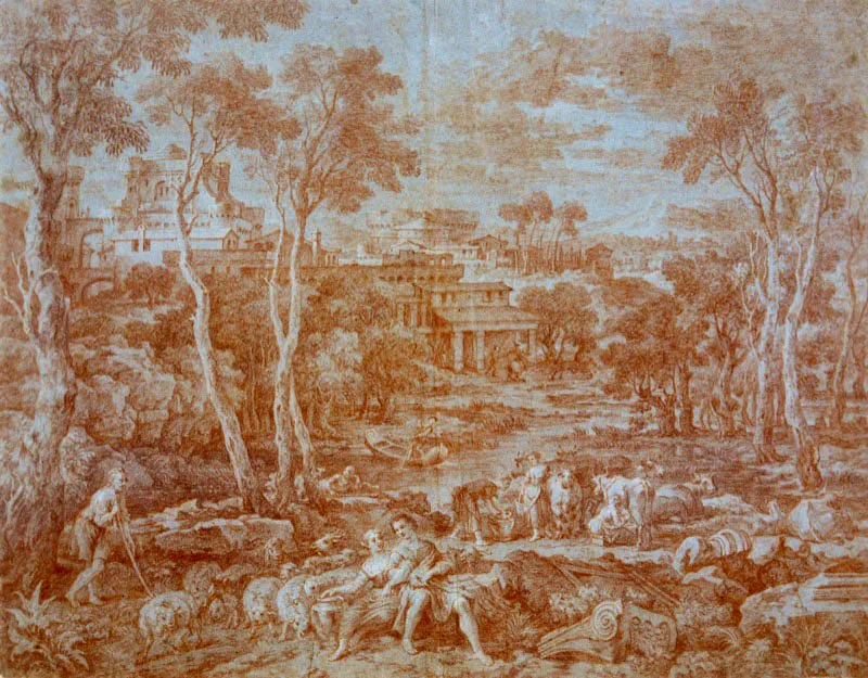 Jan Joost von Cossiau / Países Bajos 1660 - 1732/34 / Paisaje italiano con río, pastores y animales y una ciudad fortificada en el fondo / Siglo xvii-xviii / Sanguina sobre papel / 45,4 x 61 cm / Registro 3196 / Ingreso a la colección: octubre de 2000