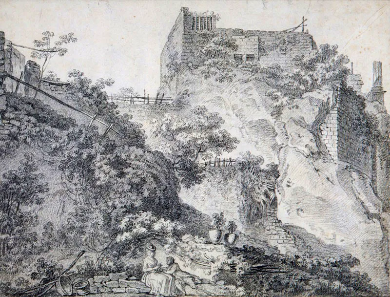 Louis Chaix / Aubagne (Francia), 1744 - 1811 / Paisaje montañoso con castillo en ruinas y dos figuras / Siglo xviii / Grafito sobre papel / 35,2 x 46,8 cm / Registro 3190 / Ingreso a la colección: octubre de 2000