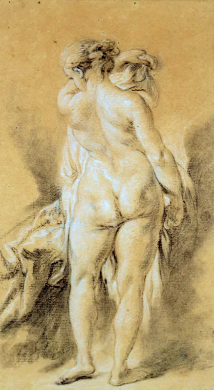 François Boucher / París (Francia), 1703 - 1770 / Estudio de mujer joven de pie, vista de espaldas, levantando una cortina / Ca. 1762 / Tizas blanca y negra sobre papel pardo / 34,4 x 18,5 cm / Registro 3193 / Ingreso a la colección: octubre de 2000