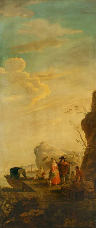 Anónimo (J. B.) / Figuras elegantes en un puerto / Ca. 1786 / Óleo sobre lienzo 274 x 122,6 cm / Registro 4245 / Ingreso a la colección: diciembre de 2005 / Donación de la Fundación Amigos de las Colecciones de Arte del Banco de la República