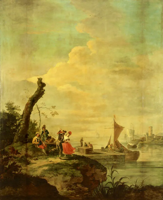 Anónimo (J. B.) / Campesinos divirtiéndose cerca de un muelle / Ca. 1786 / Óleo sobre lienzo 274,3 x 226,1 cm / Registro 4246 / Ingreso a la colección: diciembre de 2005 / Donación de la Fundación Amigos de las Colecciones de Arte del Banco de la República