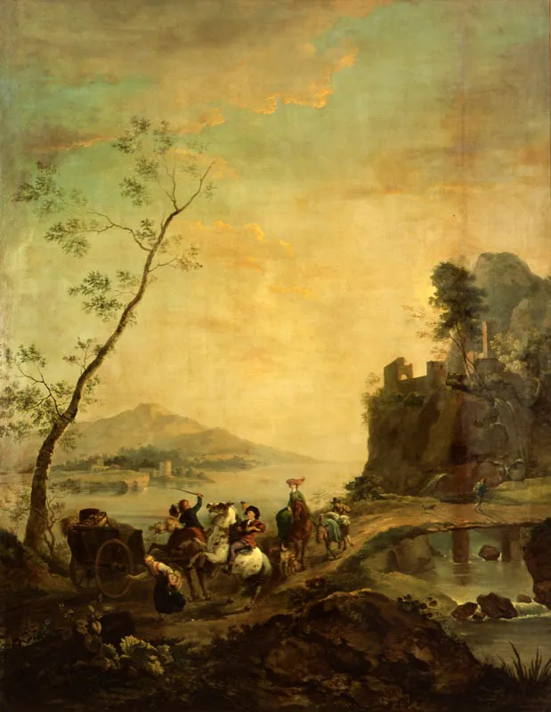 Anónimo (J. B.) / Campesinos y viajeros en una carretera cerca al agua / Ca. 1786 / Óleo sobre lienzo 274,3 x 226,1 cm / Registro 4248 / Ingreso a la colección: diciembre de 2005 / Donación de la Fundación Amigos de las Colecciones de Arte del Banco de la República