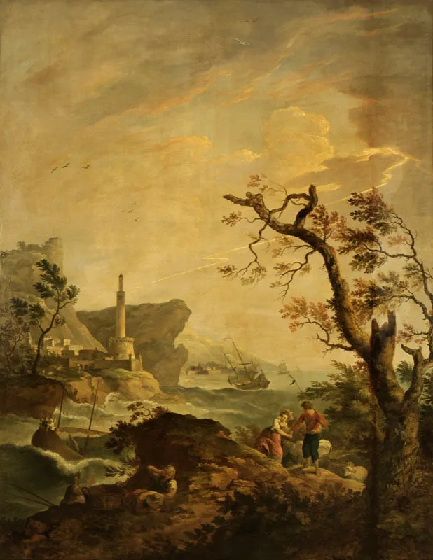 Anónimo (J. B.) / Mar agitado con campesinos en la orilla / Ca. 1786 / Óleo sobre lienzo / 274,3 x 210,6 cm / Registro 4249 / Ingreso a la colección: diciembre de 2005 / Donación de la Fundación Amigos de las Colecciones de Arte del Banco de la República