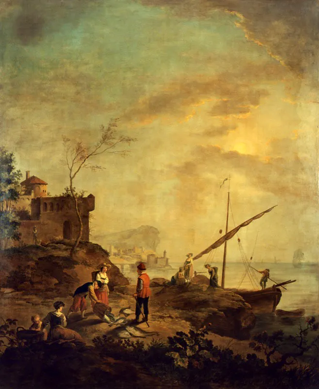 Anónimo (J. B.) / Pescadores a orillas del mar / Ca. 1786 / Óleo sobre lienzo / 274,3 x 210,6 cm / Registro 4247 / Ingreso a la colección: diciembre de 2005 / Donación de la Fundación Amigos de las Colecciones de Arte del Banco de la República
