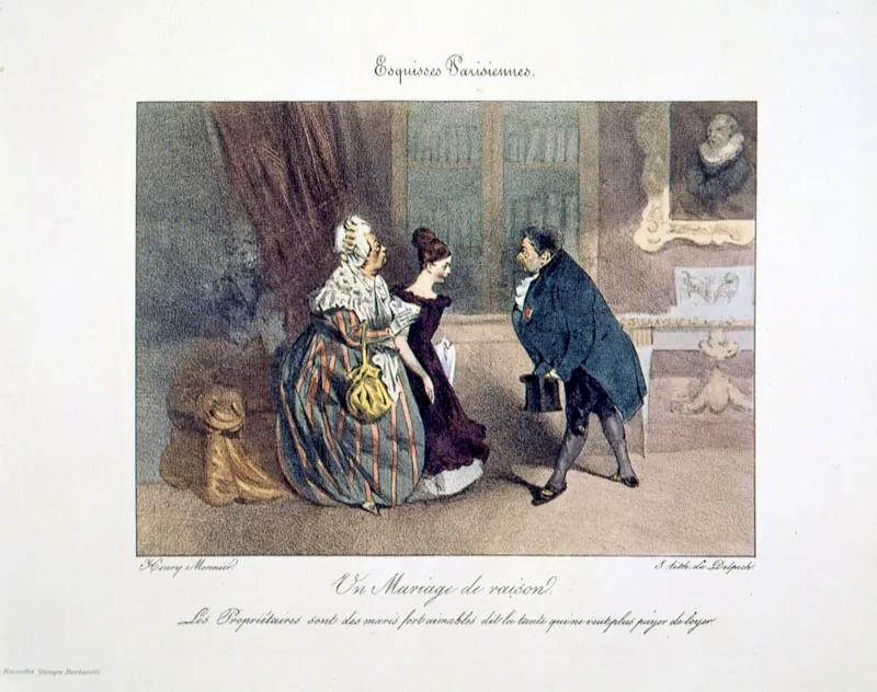 Henri Bonaventure Monnier / París (Francia), 1799 - París (Francia), 1877 / Un matrimonio de conveniencia / Sin fecha / Grabado, estampa a color / 21 x 26 cm / Registro 2016 / Ingreso a la colección: diciembre de 1987