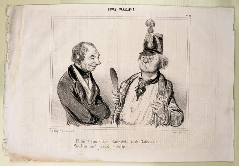 Honoré Daumier / Marsella (Francia), 1808 - Valmondois (Francia), 1879 /
—¡Eh bien! Vea usted, capitán de la Guardia Nacional!
—Por Dios, ¡sí! yo nací con buena estrella.
/ N.o 19 Tipos parisinos / Le Charivari 9.6.1841 / Litografía sobre papel periódico / 24 x 36 cm / Registro 4783 / Ingreso a la colección: diciembre de 2007