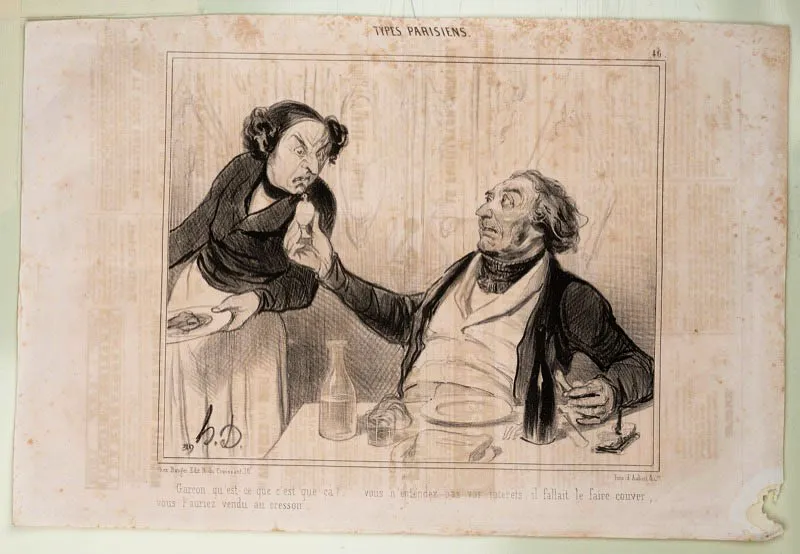 Honoré Daumier / Marsella (Francia), 1808 - Valmondois (Francia), 1879 /
—Mesero, ¿qué es esto?…
Usted no oye lo que le interesa; habría que haberlo dejado madurar y lo hubiese vendido como puerro.
/ N.o 46 Tipos parisinos / Le Charivari 15.12.1841 / Litografía sobre papel periódico / 24 x 36 cm / Registro 4799 / Ingreso a la colección: diciembre de 2007