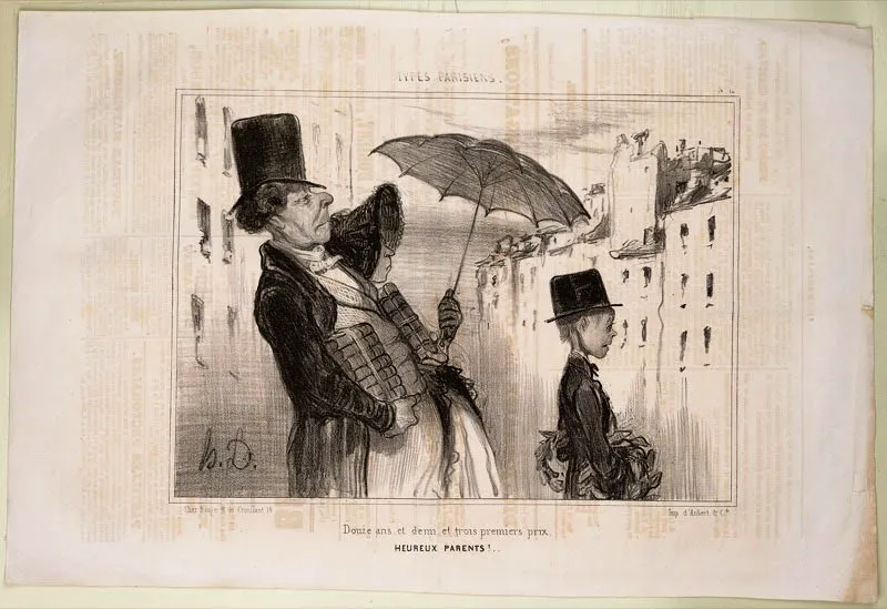 Honoré Daumier / Marsella (Francia), 1808 - Valmondois (Francia), 1879/
Doce años y medio y tres primeros premios.
¡Felices padres!…
/ N.o 12 Tipos parisinos / Le Charivari 16.8.1841 / Litografía sobre papel periódico / 24 x 36 cm / Registro 4778 / Ingreso a la colección: diciembre de 2007