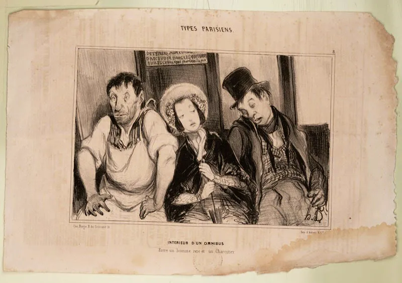 Honoré Daumier / Marsella (Francia), 1808 - Valmondois (Francia), 1879 /
Interior de un ómnibus, entre un ebrio y un salchichero.
/ N.o 8 Tipos parisinos / Le Charivari 13.11.1841 / Litografía sobre papel periódico / 24 x 36 cm / Registro 4774 / Ingreso a la colección: diciembre de 2007