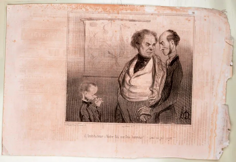Honoré Daumier / Marsella (Francia), 1808 - Valmondois (Francia), 1879 / El maestro: —¡Su hijo me hará el honor!… ¡Es un buen discípulo! / N.o 24 Tipos parisinos / Le Charivari 23.11.1841 / Litografía sobre papel periódico / 24 x 36 cm / Registro 4786 / Ingreso a la colección: diciembre de 2007