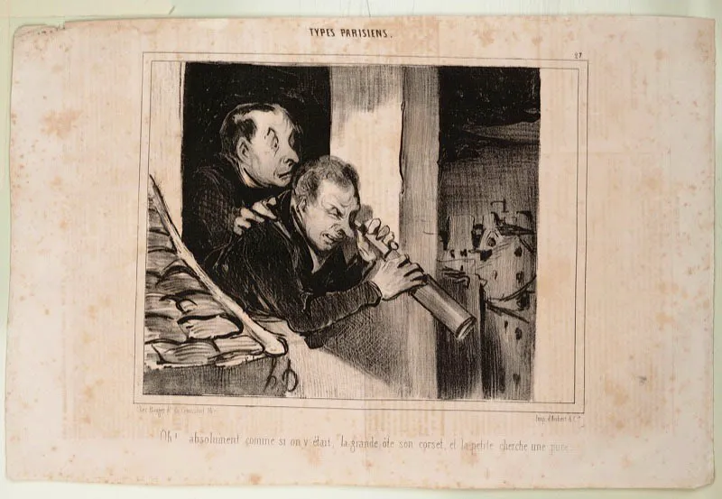 Honoré Daumier / Marsella (Francia), 1808 - Valmondois (Francia), 1879 / —Oh, absolutamente, como si estuviera allí: la grande se quita su corsé y la pequeña se busca una pulga. / N.o 27 Tipos parisinos / Le Charivari 1.12.1841 / Litografía sobre papel periódico / 24 x 36 cm / Registro 4788 / Ingreso a la colección: diciembre de 2007