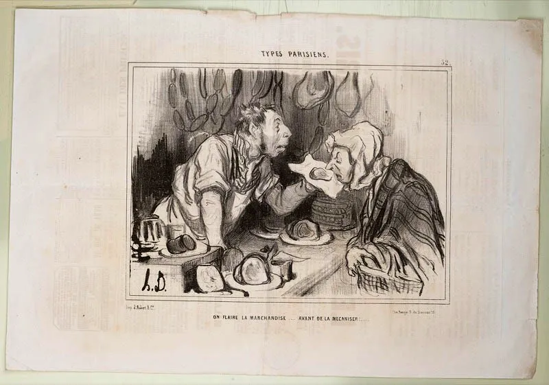 Honoré Daumier / Marsella (Francia), 1808 - Valmondois (Francia), 1879 / Se huele la mercancía…
antes que el fabricante! / N.o 32 Tipos parisinos / Le Charivari 27.7.1842 / Litografía sobre papel periódico / 24 x 36 cm / Registro 4793 / Ingreso a la colección: diciembre de 2007