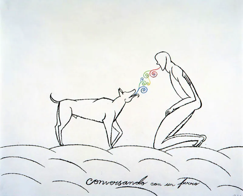 José Bedia / La Habana (Cuba), 1959 / Conversando con un perro / 1990 / Tinta china y crayón sobre papel / 68 x 88 cm / Registro 1807 / Ingreso a la colección: noviembre de 1991