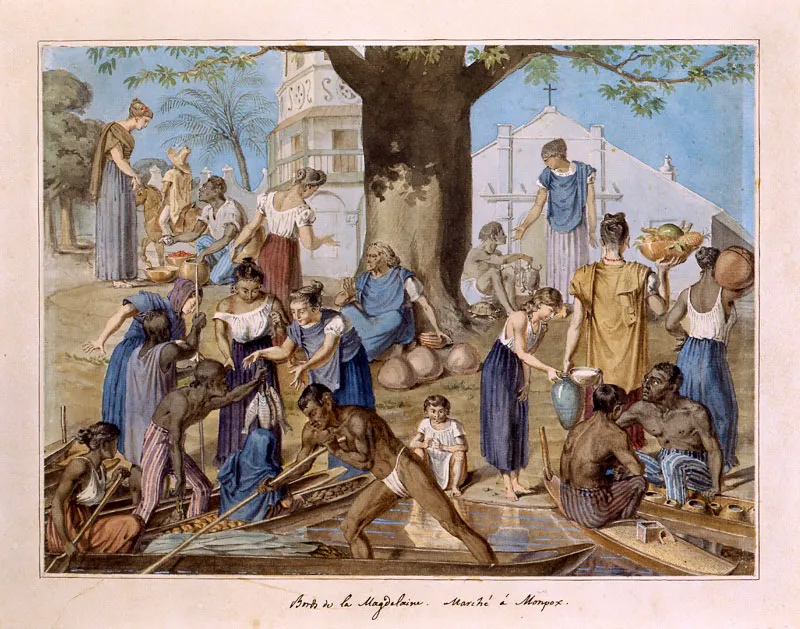François Désiré Roulin / Rennes (Francia), 1796 - París (Francia) 1874 / Orillas del Magdalena / Mercado de Mompox / Acuarela sobre papel / 20,3 x 26,7 cm / Registro 4078 / Ingreso a la colección: noviembre 2003
