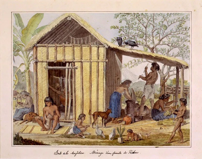 François Désiré Roulin / Rennes (Francia), 1796 - París (Francia) 1874 / Orillas del Magdalena / Hogar de una familia de pescadores / 1823 / Acuarela sobre papel / 20,3 x 26,7 cm / Registro 4080 / Ingreso a la colección: noviembre 2003