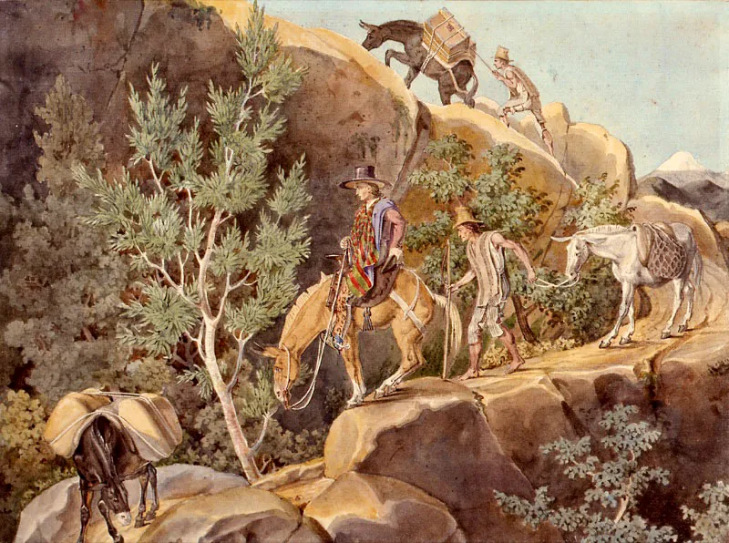 François Désiré Roulin / Rennes (Francia), 1796 - París (Francia) 1874 / La Montaña del Sargento, entre la ciudad de Honda y Guaduas / Acuarela sobre papel / 20,3 x 26,7 cm / Registro 4084 / Ingreso a la colección: noviembre 2003