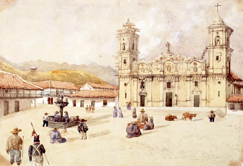 Henry Price / Londres (Inglaterra), 1819 - Brooklyn, Nueva York (Estados Unidos), 1863 / Plaza de Zipaquirá / (Provincia de Bogotá) / 1855 / Acuarela sobre papel / 17,2 x 24,9 cm / Registro: 4355 / Ingreso a la colección: noviembre de 2006