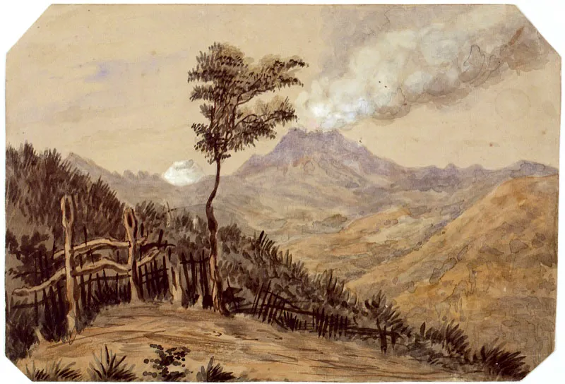 Henry Price / Londres (Inglaterra), 1819 - Brooklyn, Nueva York (Estados Unidos), 1863 / Vista del volcán de Puracé y nevado de Sotará / (Provincia de Popayán) / 1853 / Acuarela sobre papel / 17,2 x 25 cm / Registro: 4345 / Ingreso a la colección: noviembre de 2006
