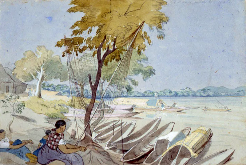 Edward Walhouse Mark / Málaga (España), 1817 - Norwood (Inglaterra), 1895 / El Banco en el Magdalena, pescadores / 1845 / Acuarela sobre papel / 17,3 x 24,8 cm / Registro 108 / Ingreso a la colección: 1958