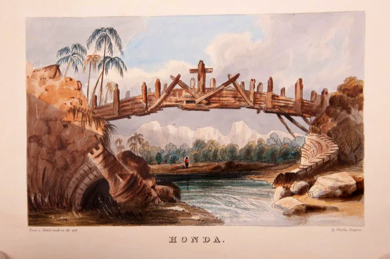 Charles Empson / Inglaterra, Ca. 1794 - 1861  / Honda, puente sobre el ro Gual / Narrative of South America / Londres, 1836 / Impreso, grabado en cobre iluminado / 15 x 24 cm / Libros raros y manuscritos / Biblioteca Luis ngel Arango 