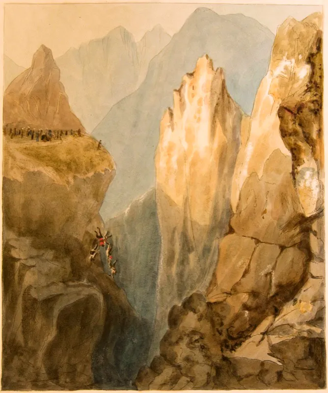 Charles Empson / Inglaterra, Ca. 1794 - 1861 / Cacique cayendo en el precipicio de Pamplona /Narrative of South America / Londres, 1836 / Impreso, grabado en cobre iluminado / 22 x 18,3 cm / Libros raros y manuscritos / Biblioteca Luis Ángel Arango