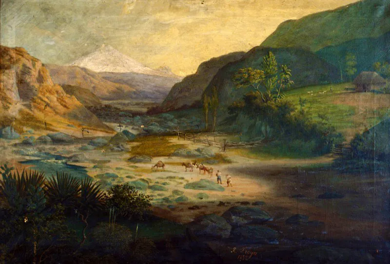 Rafael Troya Jaramillo / Carangui (Ecuador), 1845 - Ibarra (Ecuador), 1920 / El Cotopaxi visto desde el río Alaquez / 1892 / Óleo sobre tela / 62 x 92 cm / Registro 3124 / Ingreso a la colección: abril de 2000
