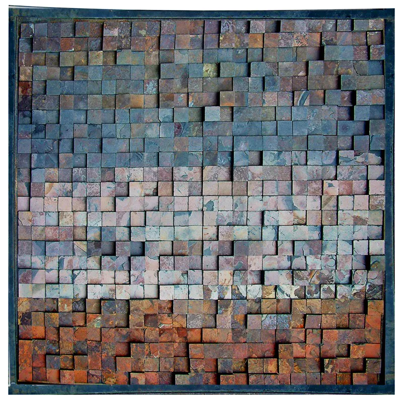 PAISAJE RESCATADO.
1998.
Lámina de hierro y pizarra.
133 x 133 x 6 cm aprox.